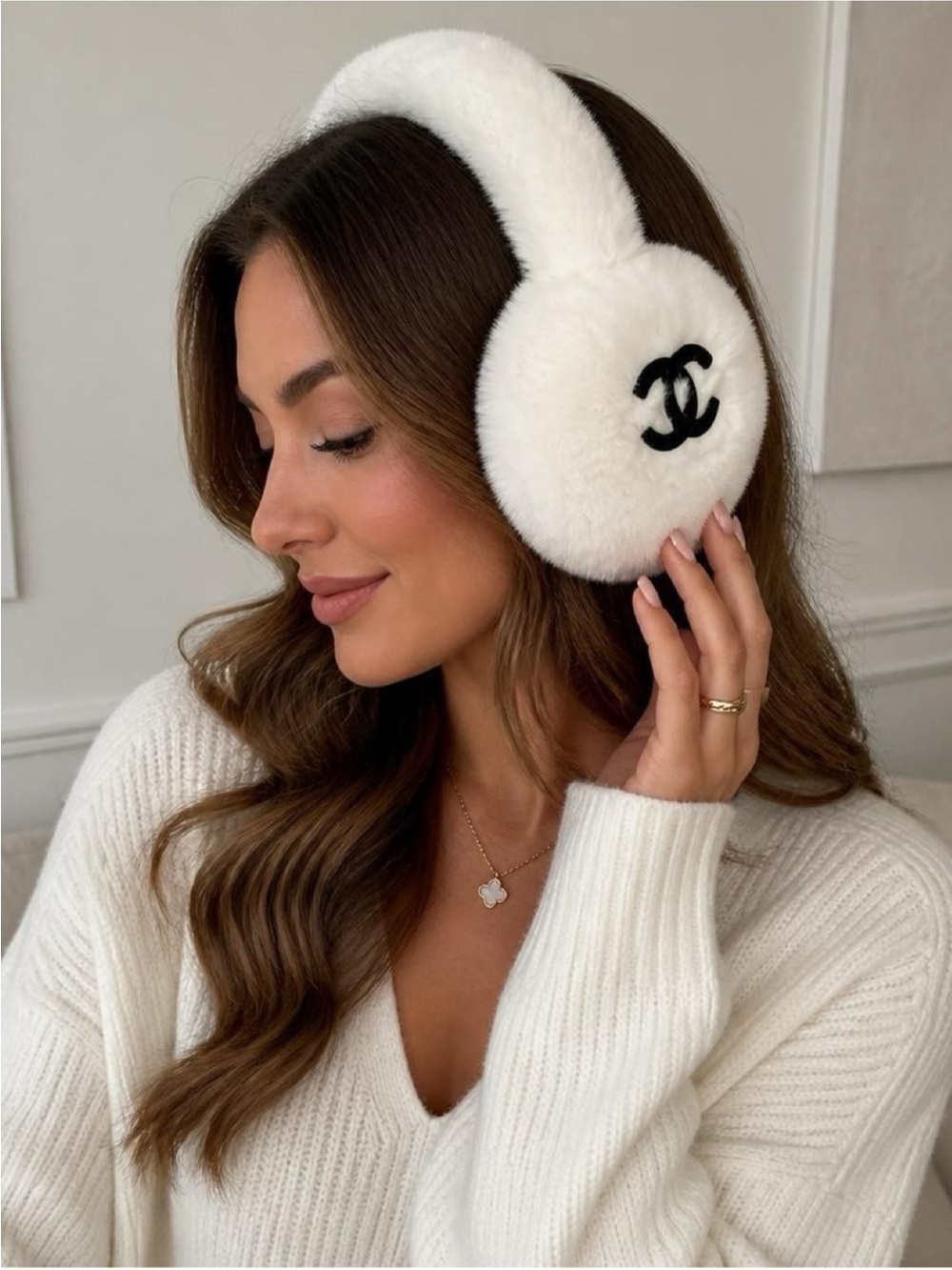 CC White Faux-Fur Earmuffs with Black Logo